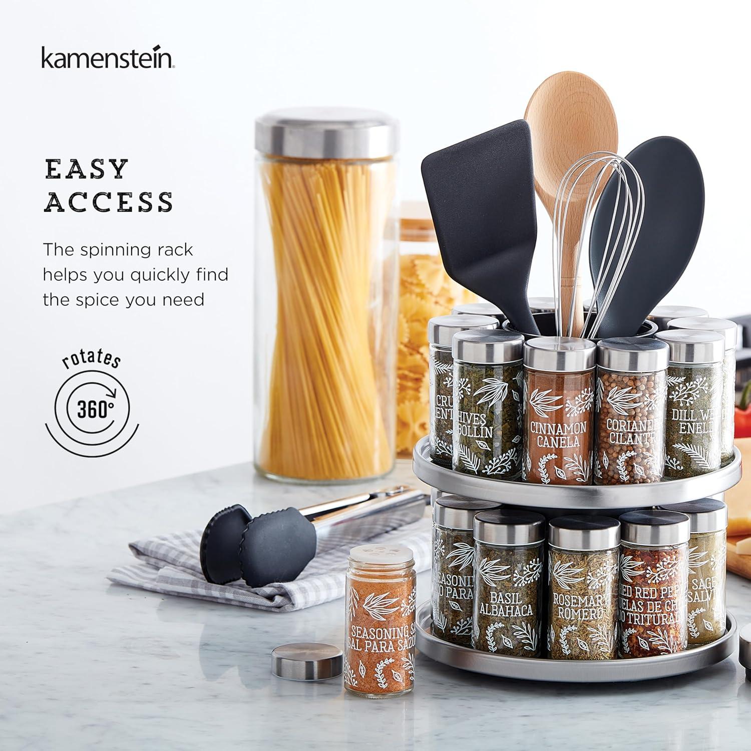 image:imageKamenstein 20 Jar Heritage Revolving Countertop Spice Rack Organizer with Spices Included FREE Spice Refills for 5 years Brushed Stainless Steel with Black CapsTool Caddy