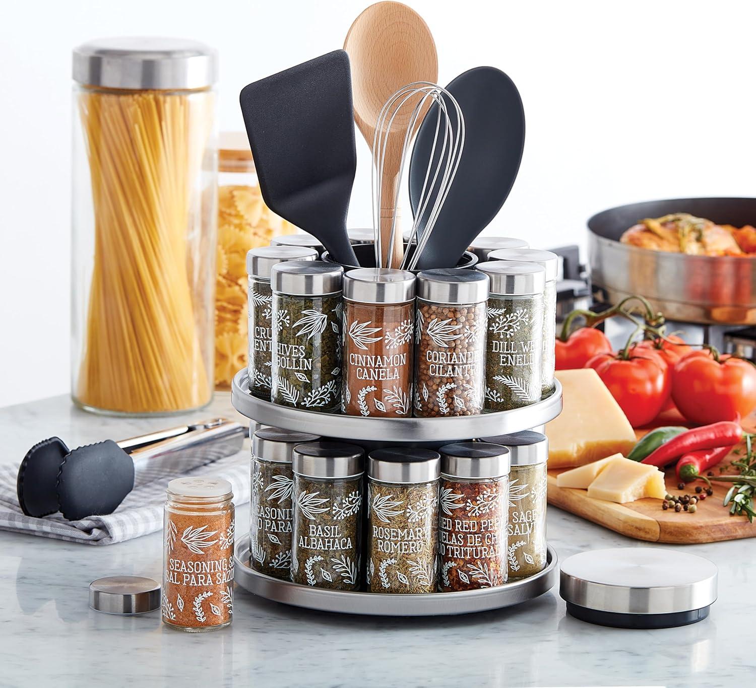 image:imageKamenstein 20 Jar Heritage Revolving Countertop Spice Rack Organizer with Spices Included FREE Spice Refills for 5 years Brushed Stainless Steel with Black CapsTool Caddy
