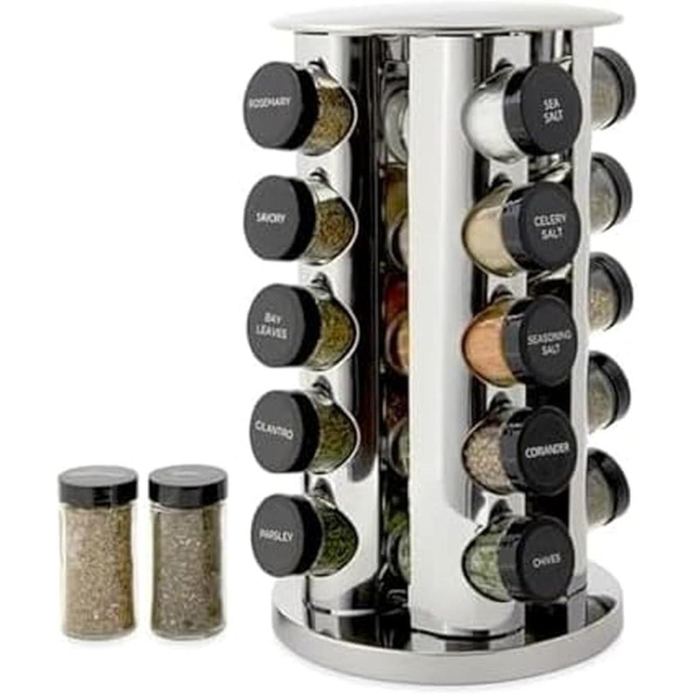 image:imageKamenstein 20 Jar Heritage Revolving Countertop Spice Rack Organizer with Spices Included FREE Spice Refills for 5 years Brushed Stainless Steel with Black CapsClassic Cap