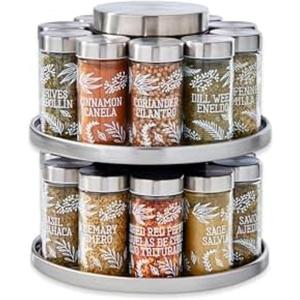 Kamenstein 20 Jar Heritage Revolving Countertop Spice Rack Organizer with Spices Included, FREE Spice Refills for 5 years, Brushed Stainless Steel with Black Caps(Tool Caddy)