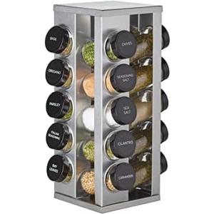 Kamenstein 20 Jar Heritage Revolving Countertop Spice Rack Organizer with Spices Included, FREE Spice Refills for 5 years, Brushed Stainless Steel with Black Caps(Heritage)