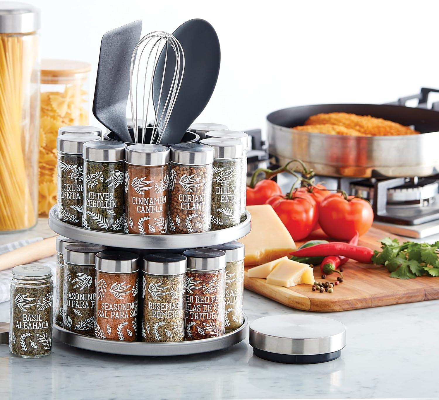 image:imageKamenstein 20 Jar Vintage Revolving Countertop Spice Rack Organizer with Spices Included FREE Spice Refills for 5 Years Wood and Stainless Steel with Metal CapsTool Caddy
