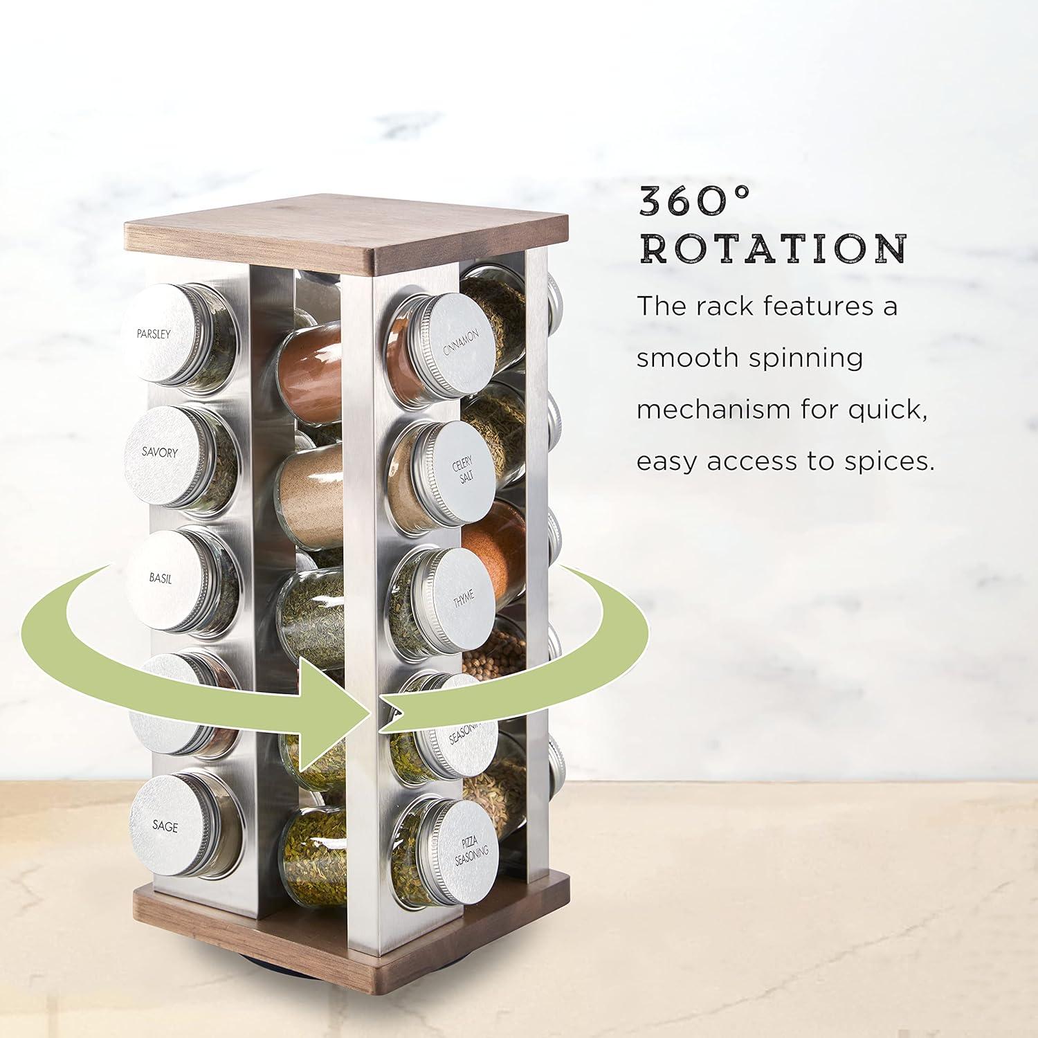 image:imageKamenstein 20 Jar Vintage Revolving Countertop Spice Rack Organizer with Spices Included FREE Spice Refills for 5 Years Wood and Stainless Steel with Metal CapsVintage