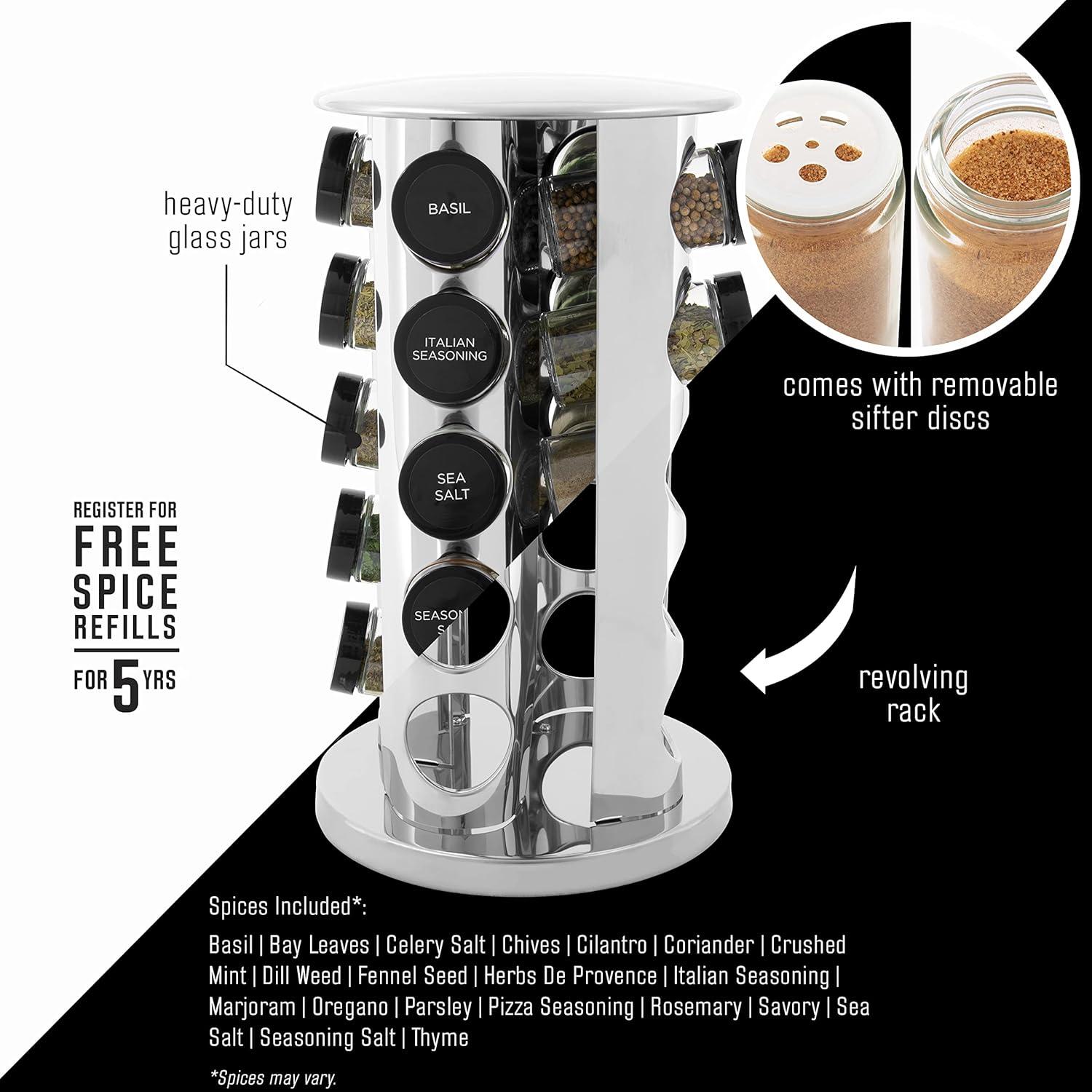 image:imageKamenstein 20 Jar Vintage Revolving Countertop Spice Rack Organizer with Spices Included FREE Spice Refills for 5 Years Wood and Stainless Steel with Metal CapsClassic Cap