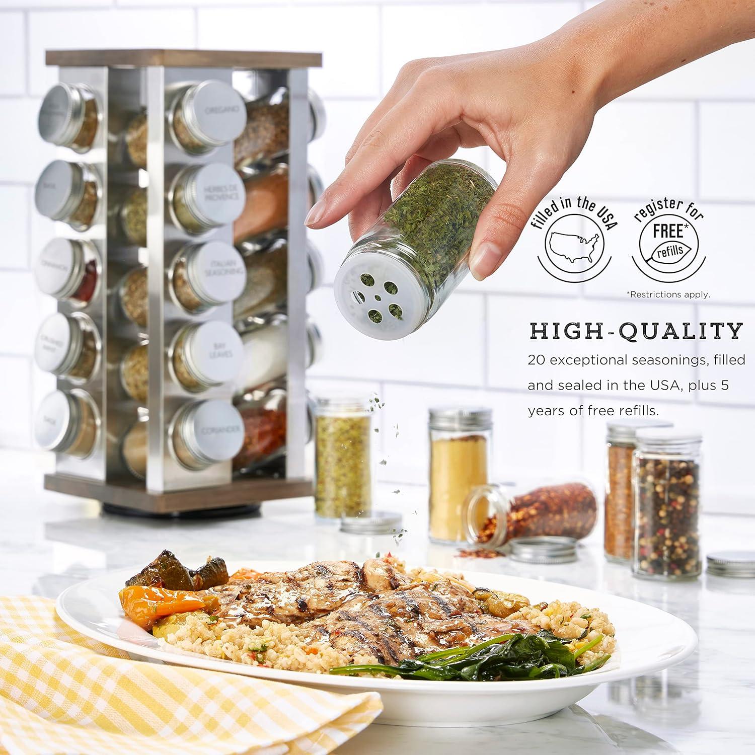 image:imageKamenstein 20 Jar Vintage Revolving Countertop Spice Rack Organizer with Spices Included FREE Spice Refills for 5 Years Wood and Stainless Steel with Metal CapsVintage