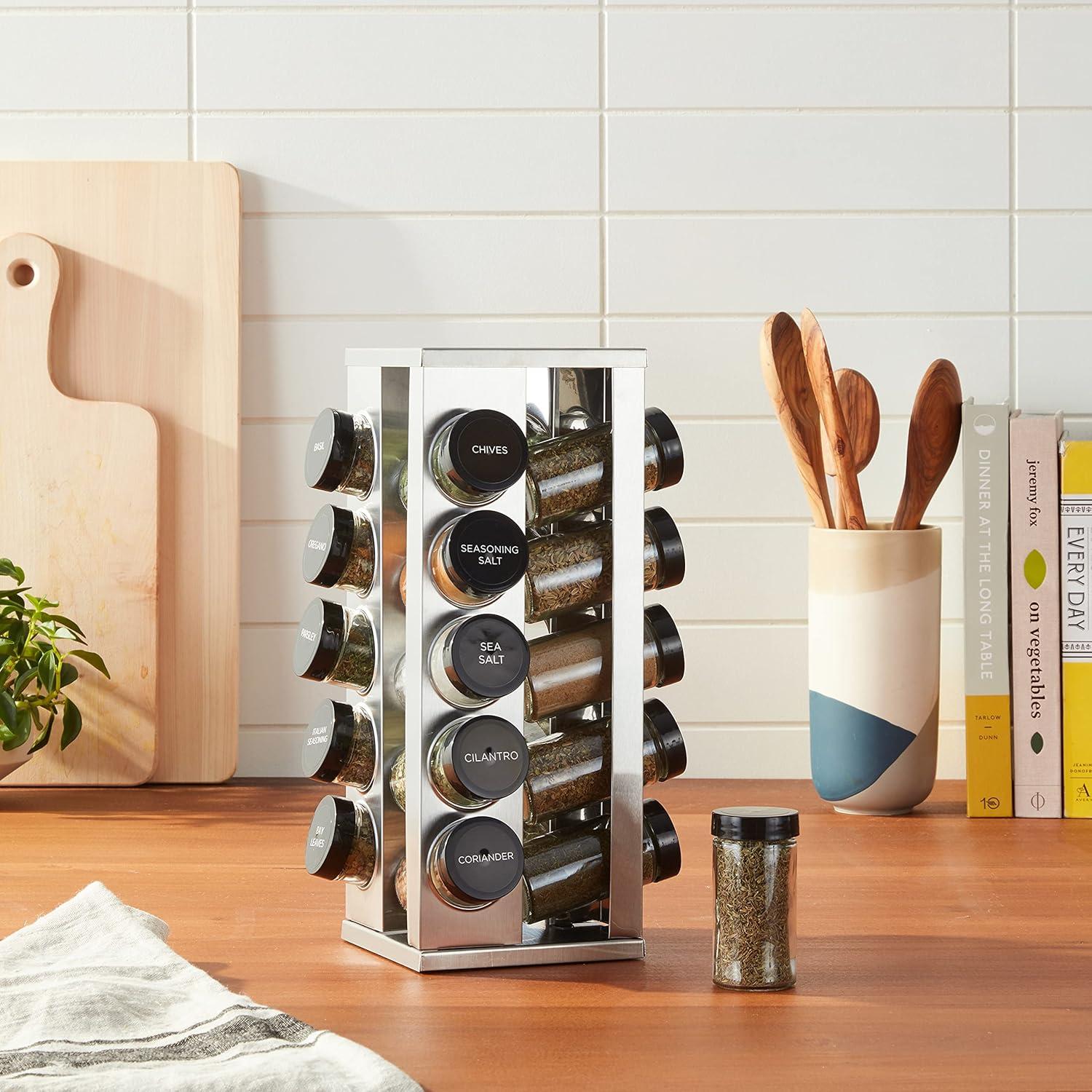 image:imageKamenstein 20 Jar Vintage Revolving Countertop Spice Rack Organizer with Spices Included FREE Spice Refills for 5 Years Wood and Stainless Steel with Metal CapsHeritage