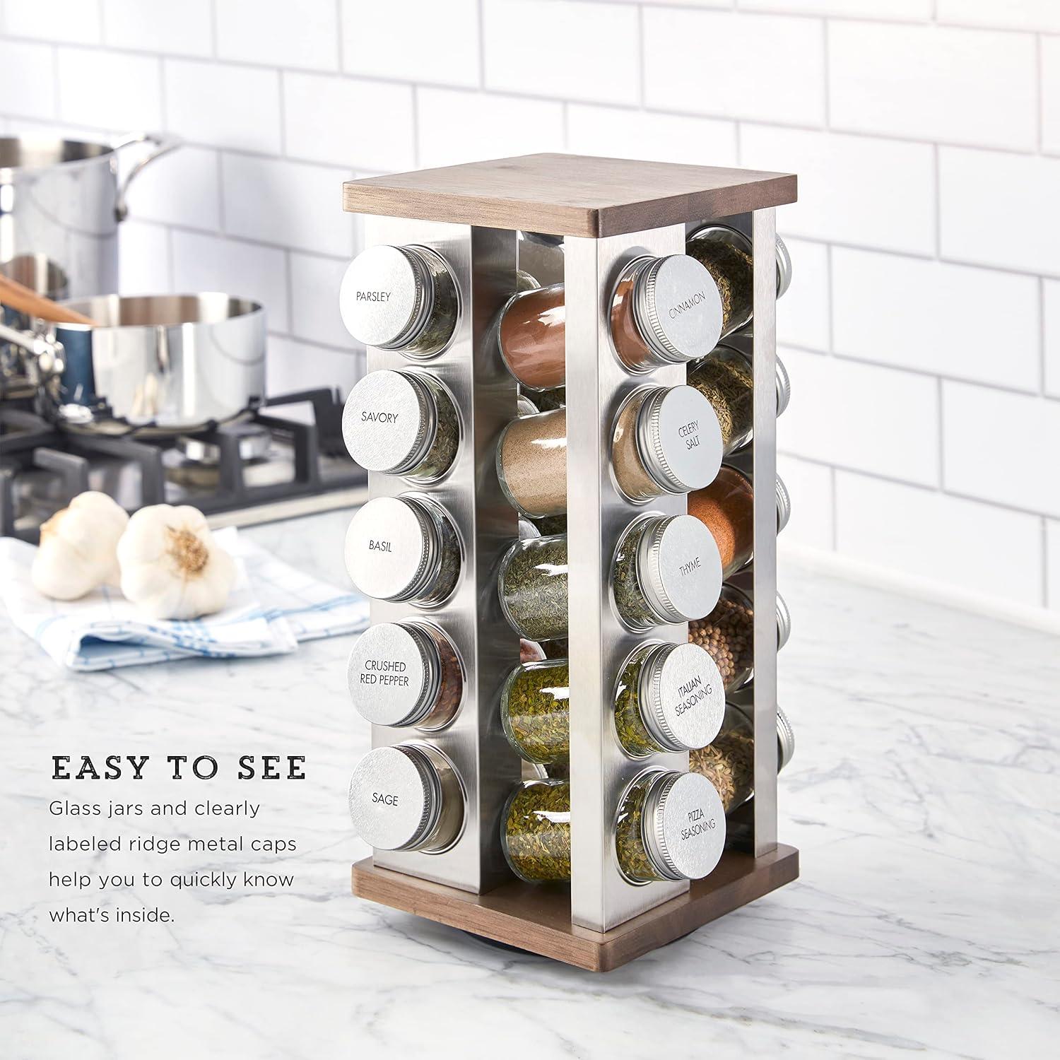 image:imageKamenstein 20 Jar Vintage Revolving Countertop Spice Rack Organizer with Spices Included FREE Spice Refills for 5 Years Wood and Stainless Steel with Metal CapsVintage