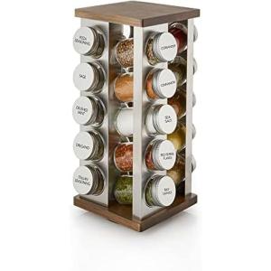 Kamenstein 20 Jar Vintage Revolving Countertop Spice Rack Organizer with Spices Included, FREE Spice Refills for 5 Years, Wood and Stainless Steel with Metal Caps(Vintage)
